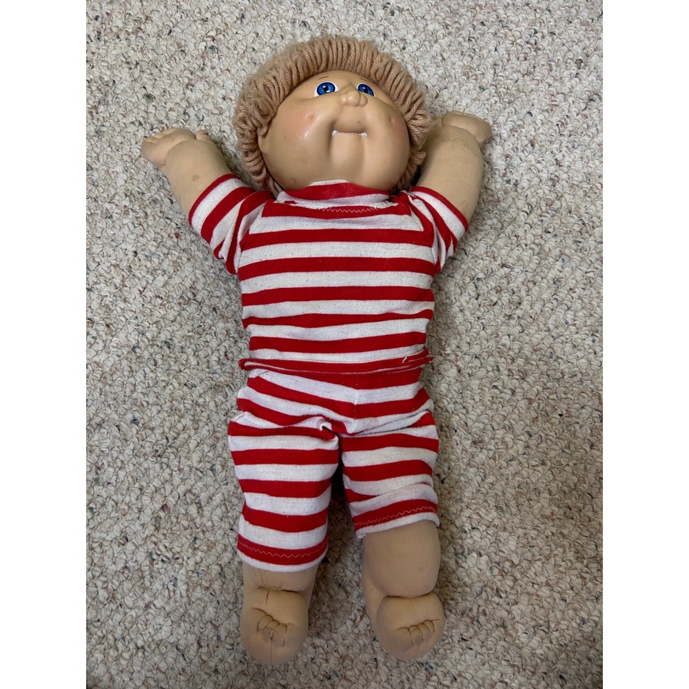 Vintage 1984 Cabbage Patch Kids Doll Blue Eyes Blonde Yarn Hair Red White Stripe